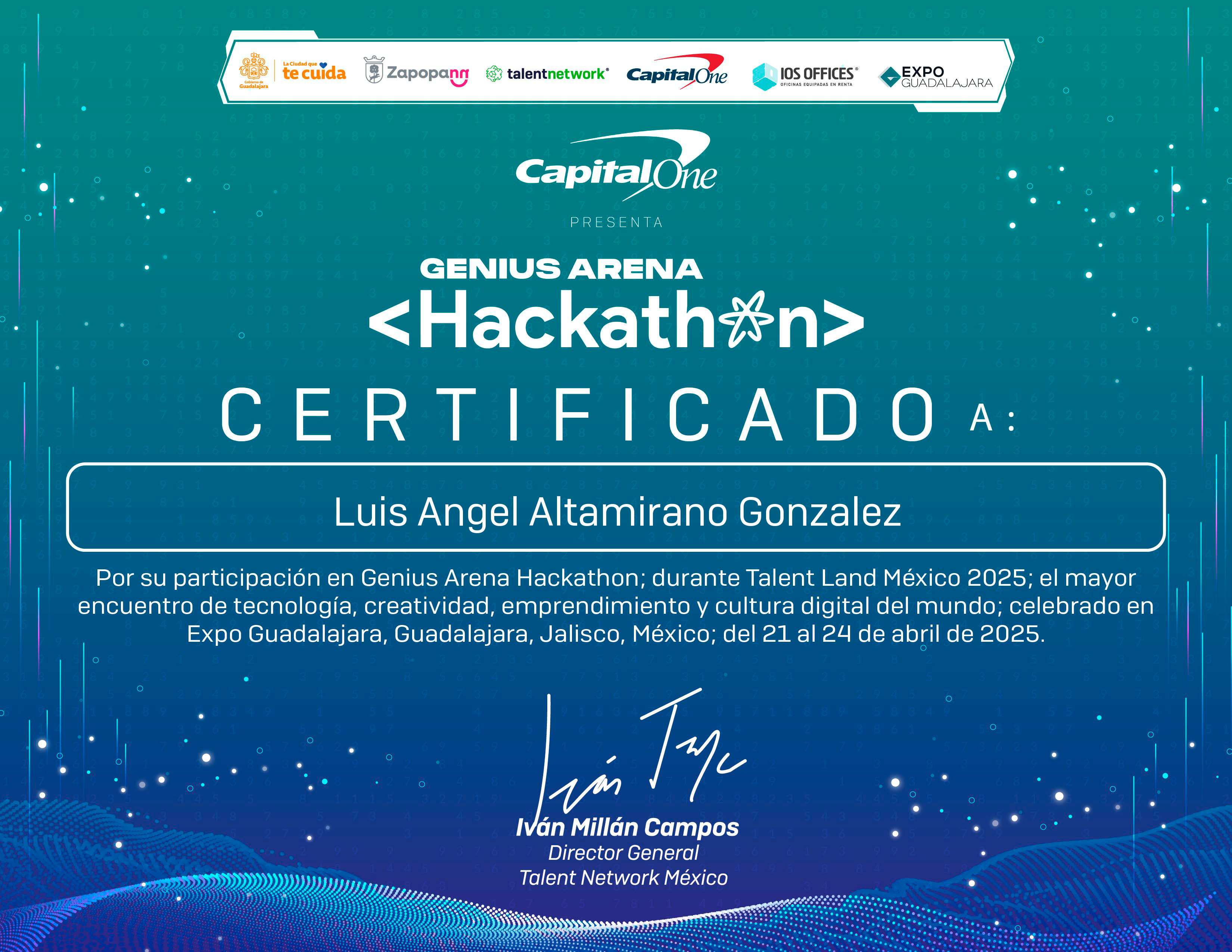 Certificado de participación en Genius Arena Hackathon