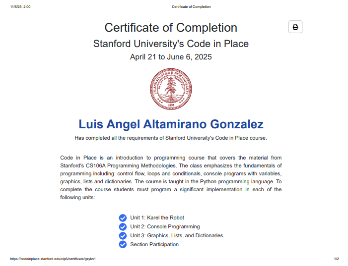 Reconocimiento de Stanford Code in Place
